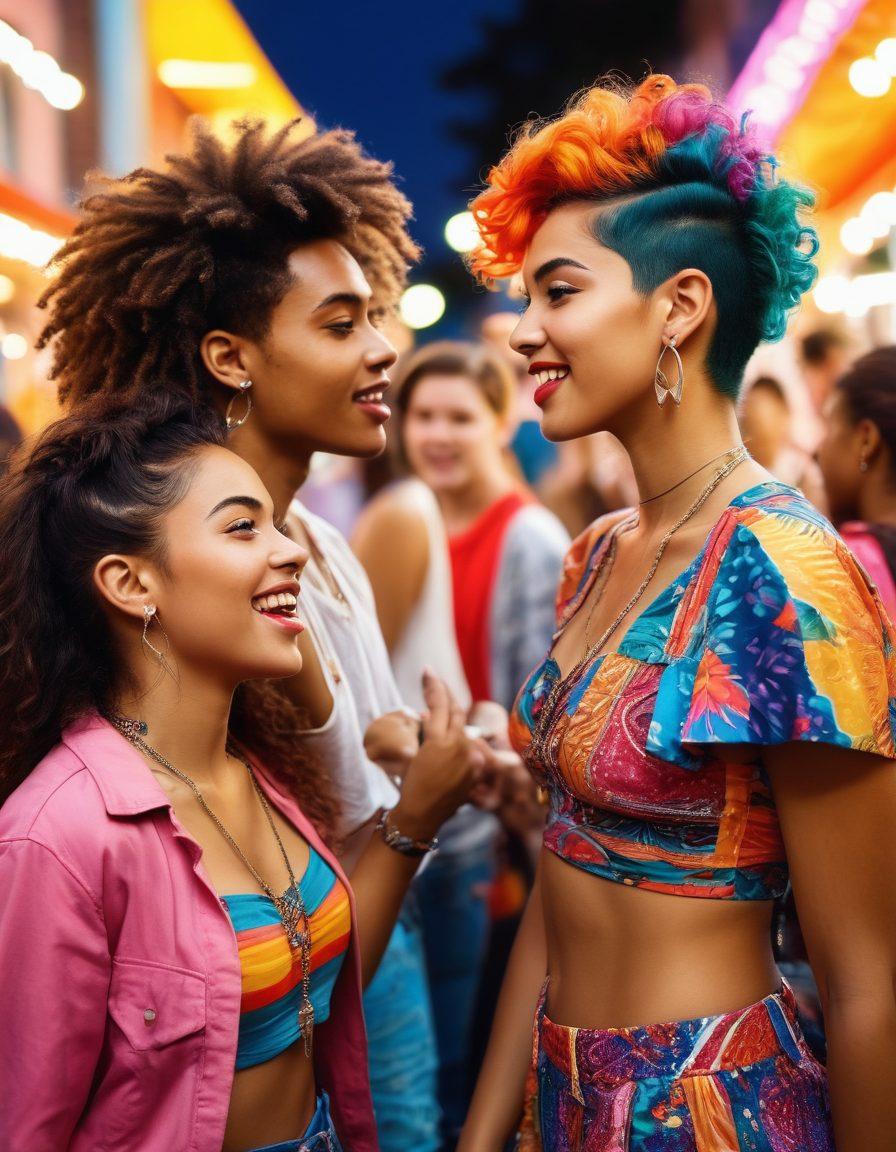 A dynamic scene capturing a group of diverse young individuals engaged in playful flirting at a vibrant street festival, showcasing colorful clothing and bold hairstyles. Include elements like stylish accessories, laughter, and social interactions to reflect contemporary youth culture. The background should feature exciting patterns and bright lights that embody the energy of flirtation and trendsetting. evoke a sense of freedom and self-expression. super-realistic. vibrant colors.