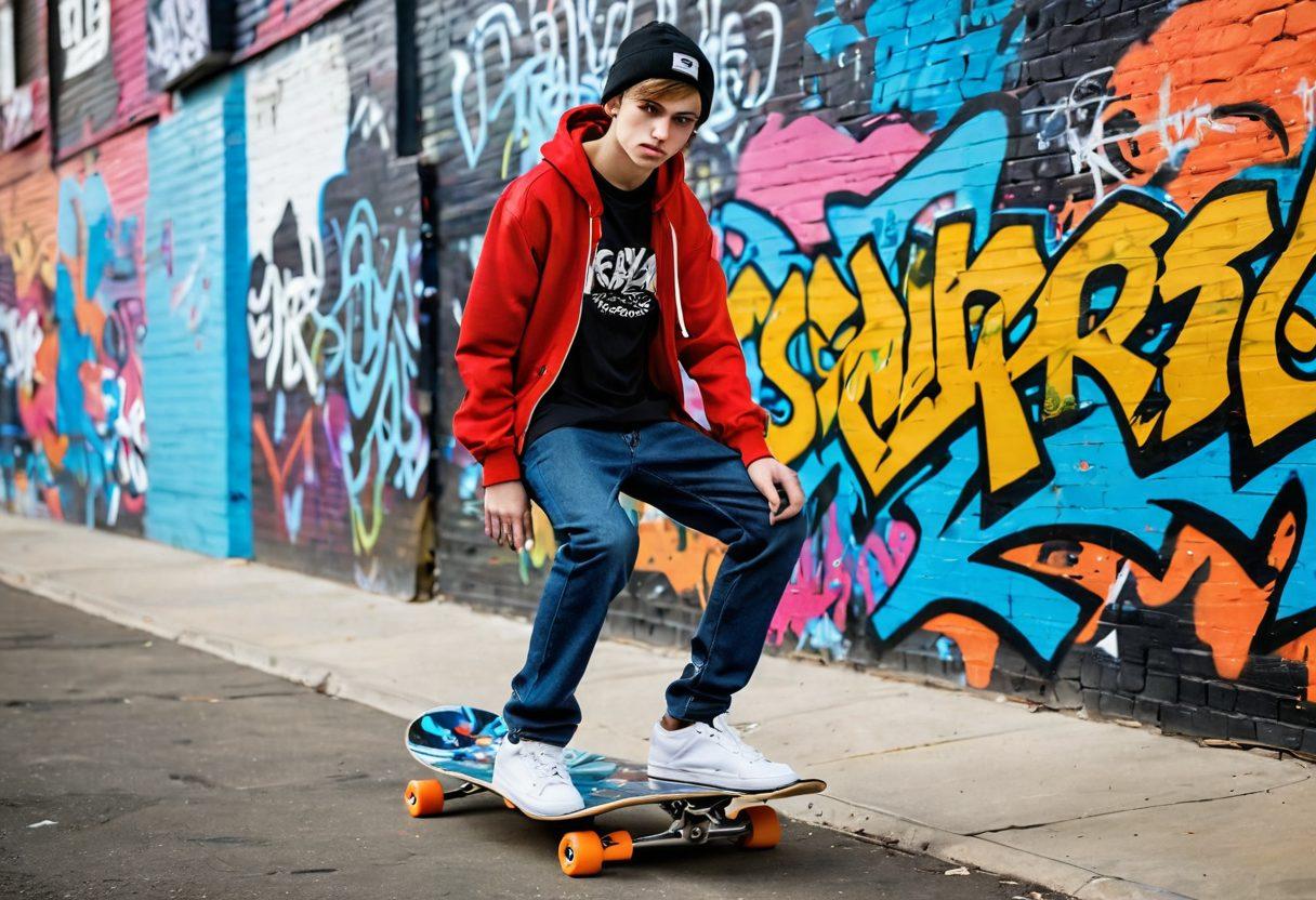 A rebellious teen skateboarding in an urban environment filled with vibrant graffiti, showcasing various forms of self-expression like fashion and art. Incorporate elements representing digital culture, such as social media icons and contrasting opinions. The background should be a blend of dynamic cityscape and abstract shapes, embodying the essence of controversy. The overall tone should be bold and edgy, reflecting the pulse of modern teen life. vibrant colors. super-realistic. urban style.
