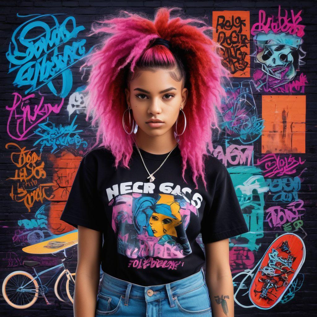 A vibrant collage showcasing diverse teenagers embodying edgy trends, featuring bold fashion choices like piercings, vibrant hair colors, and graphic tees. The background should be urban, with graffiti art reflecting current teen culture, while capturing a sense of rebellion and expression. Include elements like skateboards and bicycles to enhance the youthful vibe, all lit by neon lights for a dynamic atmosphere. super-realistic. vibrant colors. urban background.